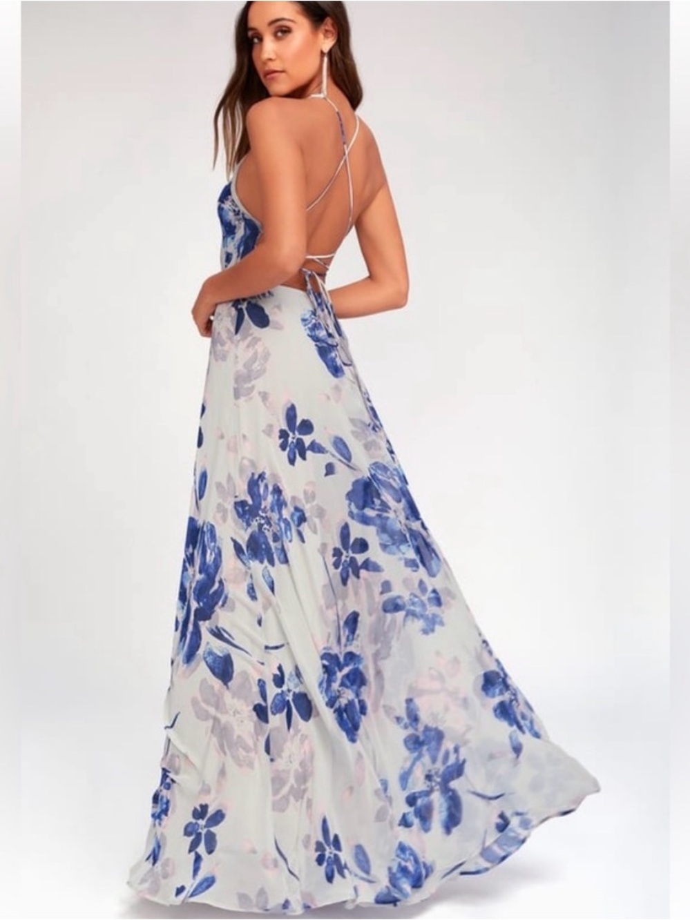 Lulu's White Maxi Dress with Blue Floral Print & Crisscross Back